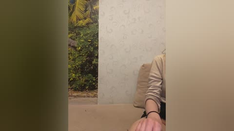 A video of a person sitting on a beige couch, with their arm resting on a white, textured wall. The background features a lush green palm tree.