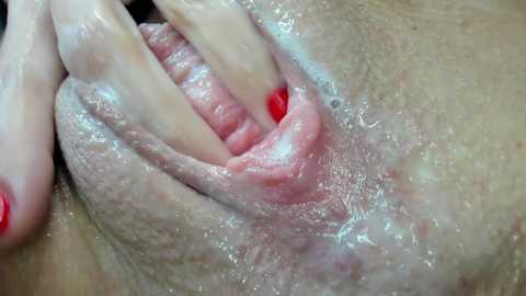 Media: A close-up video of a person's vulva, showing labia minora, labia majora, and a hand with red-painted nails gently spreading the labia to reveal the vaginal opening. The skin is pale with slight pinkish tones.