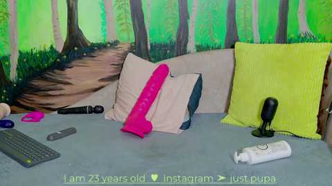 Media: Video of a messy bedroom with a green forest mural, a pink vibrator, a black vibrator, a yellow pillow, and a remote control on a blue bedspread.