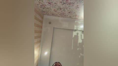 Media: A video of a narrow, beige hallway with a floral-patterned ceiling, a white door, and a person's shadow cast on the wall, creating a dim, intimate atmosphere.