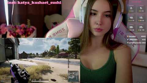 Media: A composite image featuring a young woman with light skin, long brown hair, and headphones, in a gaming stream with a virtual reality background, and a second image showing a beach scene.