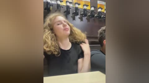 Media: Video of a blonde woman with curly hair, wearing a black top, leaning back with a satisfied expression. Background shows a classroom with multiple students and a teacher.