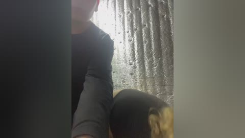Media: A video capturing a close-up of a person with a grey arm and black shirt, leaning over a dog with a tan and black coat. The background features a textured, light grey wall.