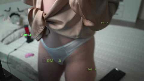 Media: A blurry video showing a person's torso in light blue panties, pulling up a pink shirt, in a dimly lit bedroom.