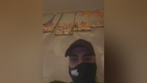 Video of a person wearing a black mask, standing in front of a beige wall adorned with three framed cityscape paintings.