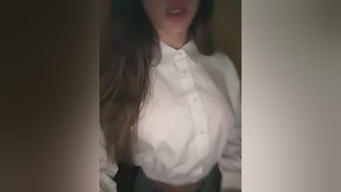 Media: Video of a woman with long, wavy brown hair, wearing a white button-up shirt, partially visible mouth, blurred background.