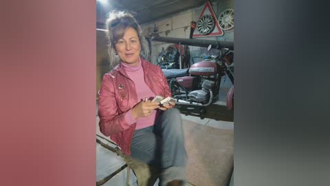 Media: Video of a middle-aged woman with short brown hair, wearing a pink puffer jacket and holding a phone, sitting in a cluttered garage filled with motorcycles and tools.