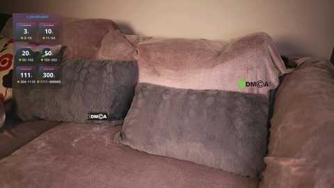 Media: Video of a plush, gray and beige sectional sofa with a Dmica logo, displaying a live video feed with user comments, indicating a virtual reality experience.