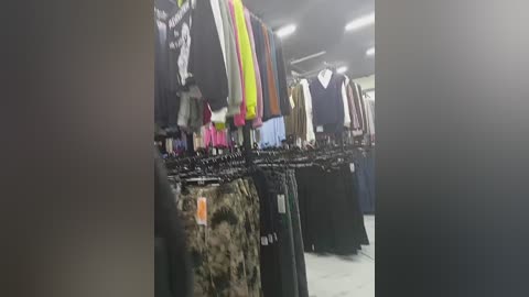 Video of a crowded, dimly lit clothing store aisle filled with hanging jackets and coats in various colors and patterns, including neon yellow, black, and camouflage. The store has fluorescent lighting and a concrete floor.