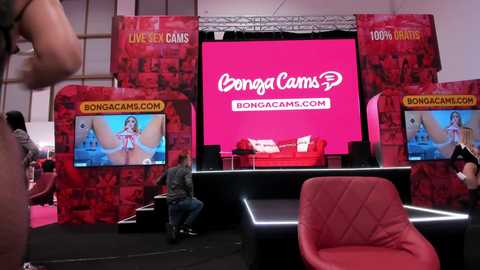 Media: Video of a vibrant red-themed live cam show stage with two monitors displaying a woman in lingerie, a pink couch, and a red armchair.