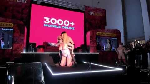 Media: Video of a nude woman kneeling on a black stage with a large \"3000+ Models Online\" sign. Background shows other scantily clad performers, a crowd, and red and black promotional banners.