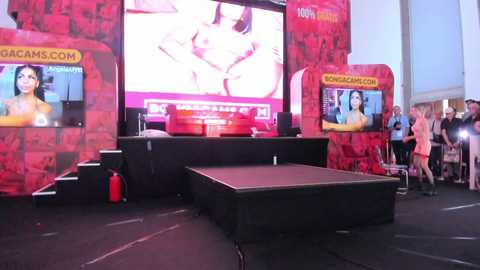 Media: Video of a vibrant, indoor stage set with red and black themed banners, featuring a large screen displaying a woman in lingerie. Two podiums with monitors show additional images. A podium with a microphone and a red chair is positioned in the center.