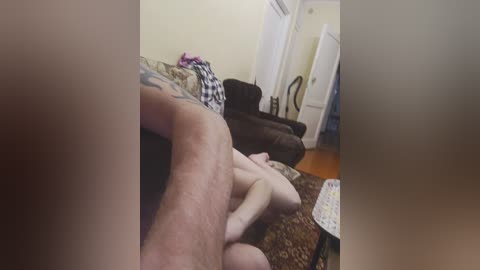 A video showing a close-up of a hand holding a doll on a couch with a checkered blanket and a patterned rug. Background features a doorway and wooden floor.