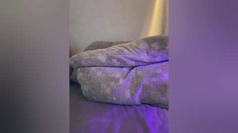 Media: Video of a grey, patterned quilted blanket draped over a bed, with soft, purple lighting creating a cozy ambiance. The image focuses on the texture of the blanket and the smooth, off-white wall behind it.