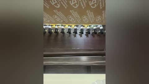Media: A video captures a close-up view of a food packaging machine. The foreground shows a stack of brown, white-printed paper rolls, while the background features a metallic conveyor belt with black nozzles. The scene is indoors, with a muted color palette.
