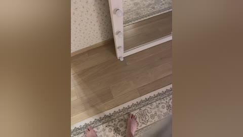 Media: Video of a child's bedroom corner featuring a wooden floor, patterned wallpaper, and a partially visible pink doll with a white dress and a blue bow on its head.