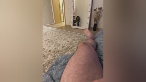 Media: A video of a man's hairy, muscular leg lying on a patterned rug in a cozy, dimly lit living room with beige walls and a mirror reflecting the space.