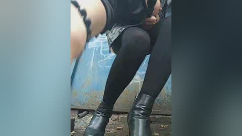 Video of a person wearing black leggings and ankle boots, sitting against a graffiti-covered blue wall. The image is framed by two vertical black bars, creating a vignette effect.