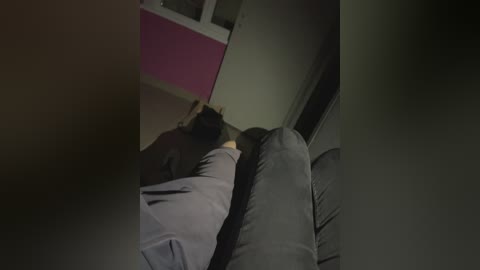 Video of a person lying on a gray couch, wearing a light-colored shirt, with their head resting on a pillow. The background shows a pink wall and a white-framed window, creating a dimly lit, intimate indoor setting.