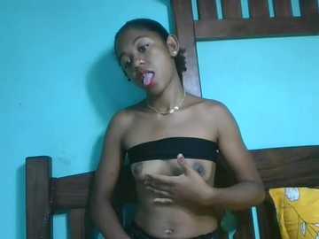 Video of a young, topless African woman with dark skin and small breasts, sticking out her tongue, holding her breast, wearing a black strap, in a wooden chair against a teal wall.