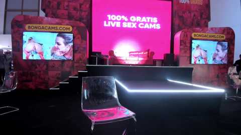 Media: Video of a red-brick-themed exhibit with two large flat-screen TVs displaying \"100% GRATE SEX CAMS\" and \"BONGACAMS.COM,\" and a transparent plastic chair in front.