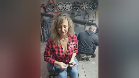 Media: Video of a middle-aged woman with curly hair, wearing a red plaid shirt and jeans, sitting on a stool in a garage workshop. Background includes a man in a hoodie working on a car, and a wall adorned with car wheels and a red triangle sign.