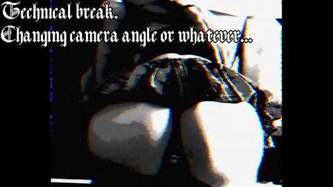 Video of a person wearing a plaid skirt and black tights, kneeling with their buttocks facing the camera. Text overlay reads, \"Technical break. Changing camera angle or what ever...\
