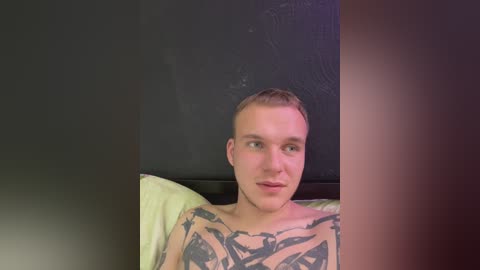 Video of a young Caucasian man with short blond hair and tattoos on his chest, sitting on a bed with green pillows against a black wall. He has a neutral expression.