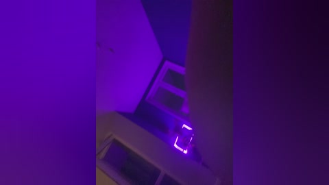 A video taken from a low angle, showing a staircase bathed in purple light, with a glowing purple LED light on the wall. The scene is dimly lit, creating a mysterious and somewhat eerie atmosphere.