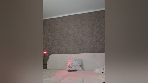 Media: Video of a modern bedroom with a beige floral-patterned headboard, a gray textured wall, a red lamp, and a white pillow.