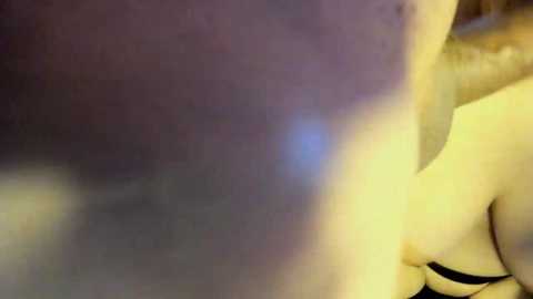A blurry video of a partially nude woman with fair skin and blonde hair, seen from behind, wearing a black bra, standing in a dimly lit room with a soft, diffused light.