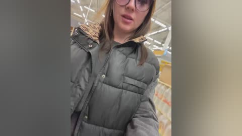 Media: Video of a Caucasian woman with light skin, brown hair, and glasses, wearing a puffy, dark green jacket, inside a grocery store with bright lighting and colorful shelves.