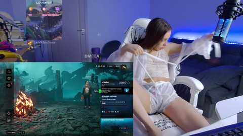 Media: A collage of digital images: A woman in a white lace bra and panties sits in a gaming chair, gaming on a PC; a man in a red outfit stands next to a campfire; a live stream showing a game interface.