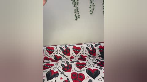 Media: Video of a small, cozy room with a white wall and a bed covered in a red and black heart-patterned duvet. A green vine hangs from the ceiling above the bed.