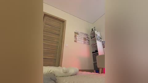 Video of a minimalist bedroom with beige walls, wooden wardrobe, a bed with white bedding, and a gray bookshelf holding a white garment.