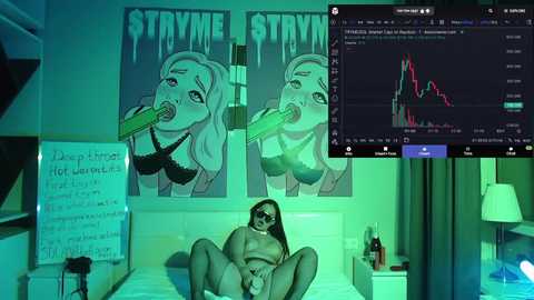 Video of a woman in black lingerie, blindfolded, lying on a bed, surrounded by green neon lights, a \"Stayin' Alive\" poster, and a computer screen showing cryptocurrency charts.