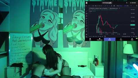 Video of a young woman with long black hair, wearing lingerie, licking a green popsicle in a dimly lit bedroom. Two posters featuring a woman with long hair adorn the wall.