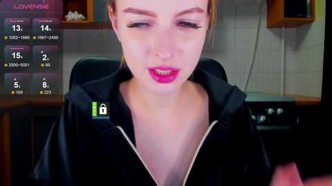 A video of a young woman with light skin and blonde hair, wearing black lipstick and a black jacket, sitting in a modern kitchen with tiled walls.