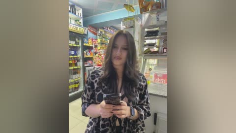 Media: Video of a woman with long brown hair in a leopard-print dress, holding a phone in a brightly lit convenience store with colorful shelves of snacks and drinks.