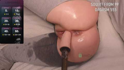 A close-up video of a person's buttocks being penetrated by a large, realistic dildo, with a digital timer display in the corner.