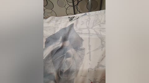 Video of a person holding a black umbrella, partially obscured by a patterned white and grey fabric. Background features a metal gate with circular designs. The setting appears to be indoors, possibly a living room.