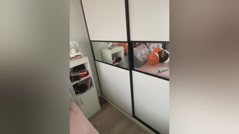 Media: Video of a small, tidy bedroom with white sliding wardrobe doors, an orange pillow, and a white bookshelf filled with clothes and books.