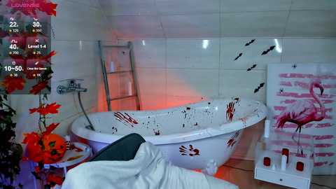 Video of a bathtub with blood splatters, a showerhead, a pink flamingo artwork, and a step ladder in a modern, white-tiled bathroom with red ambient lighting.