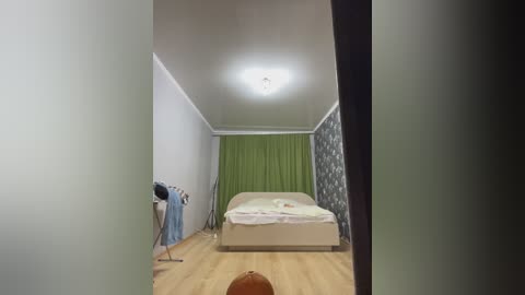 Media: Video of a small, sparsely furnished bedroom with a single bed against a green curtain backdrop, a white wall, a black and white patterned wall, wooden floor, and a laundry drying rack.