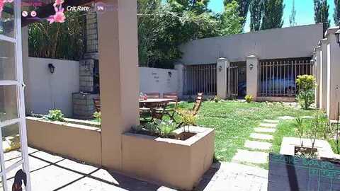 Video of a sunlit backyard patio with wooden furniture, green lawn, potted plants, beige walls, and tall trees in the background.