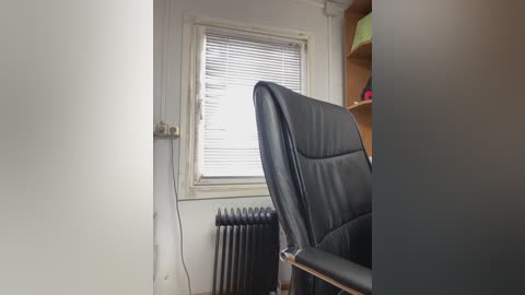 Video of a small, dimly lit room with a black leather office chair facing a white-framed window with closed blinds. A radiator and shelves with green and red objects are visible in the background.