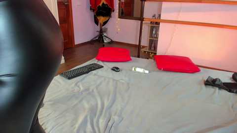 Video of a messy bedroom with a gray bed, black keyboard, red pillows, and a person's back visible, partially obscured.