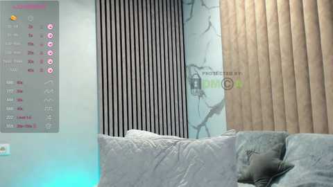 Video of a modern living room with a gray sofa, light wooden wall paneling, vertical black and white striped wallpaper, and a digital clock displaying time and date on a light-colored wall.