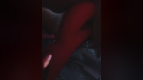 A blurred, dimly-lit image of a woman's legs in red stockings and black panties, partially obscured by a red curtain. The background is dark, with a hint of a bed or sofa.