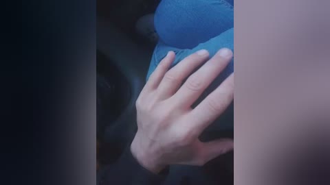 Video showing a close-up of a person's hand holding a blue stuffed animal, with a blurry, dark background suggesting a nighttime setting.
